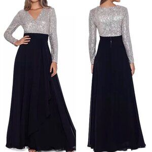 NEW Xscape Sequined Chiffon Long Sleeve Gown Dress Black Nude Silver Size 8 NWT